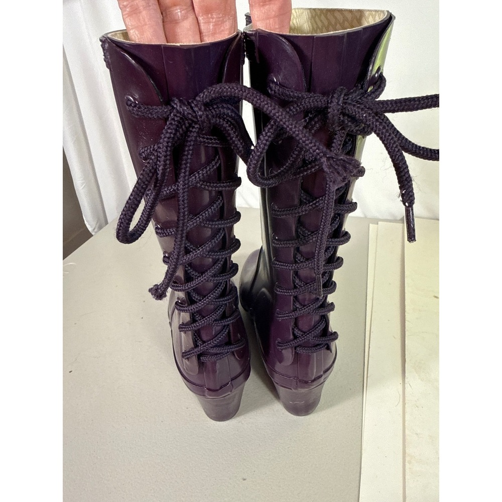 Hunter Original Lace Up Wedge Rain Boots Purple Mid Calf Waterproof 3" heel. S 8 - Picture 5 of 11